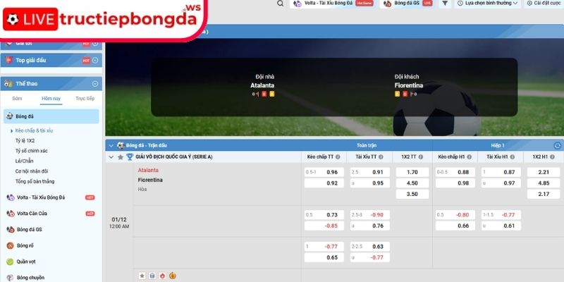 Kèo châu Á trận Atalanta vs Fiorentina, 00:00 01/12 (Serie A)