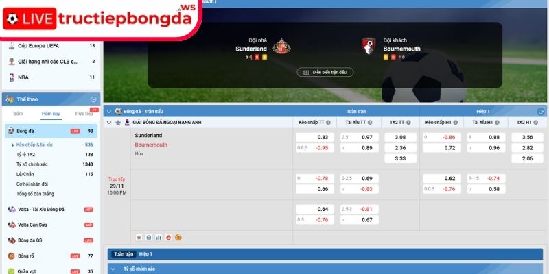 Kèo châu Á trận Sunderland vs Bournemouth, 22:00 29/11 (Premier League)