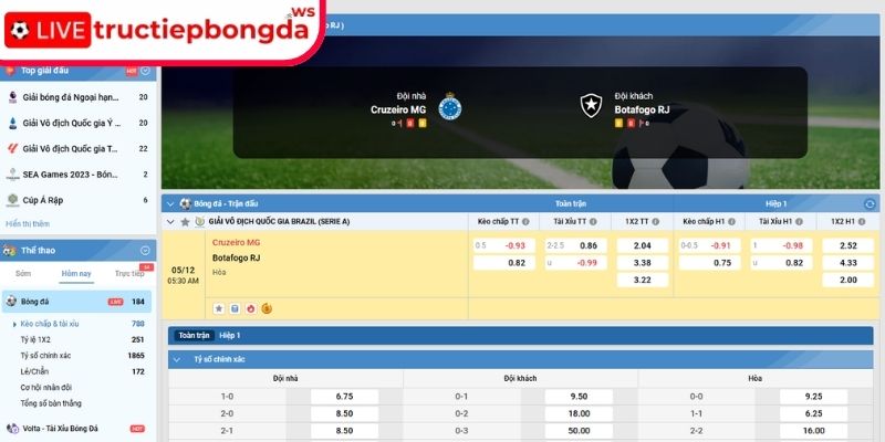 Kèo châu Á trận Cruzeiro MG vs Botafogo RJ, 05:30 05/12 (Serie A)