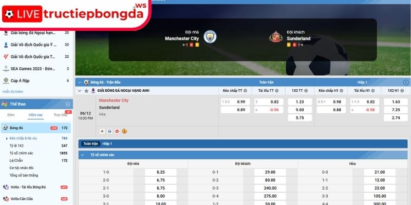 Kèo châu Á trận Manchester City vs Sunderland, 22:00 06/12 (Premier League)