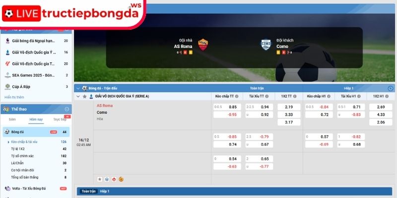 Kèo châu Á trận Roma vs Como, 02:45 16/12 (Serie A)